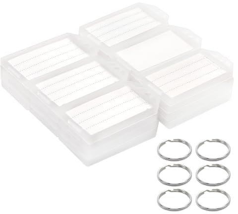 Coideal Weiße Kunststoff-Schlüsselanhänger mit Etiketten – 60 Stück, robuste Schlüsselanhänger-ID-Kennzeichnungen mit transparentem Etikettenfenster und starkem Spaltring für Gepäck