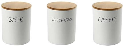 MECSAL CASALINGHI Set 3 Barattoli Contenitori, Tris Sale Zucchero Caffè, in Ceramica Tondi, con Tappo in Legno, Stile Shabby