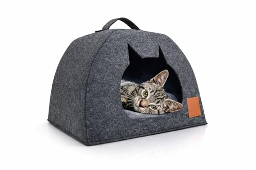 Premium Katzenhöhle aus Filz – Faltbares Katzenbett mit Kissen – Weich & rutschfest – Platzsparendes Katzenhaus für Katzen & Kitten – Grau (45 x 38 x 13 cm)