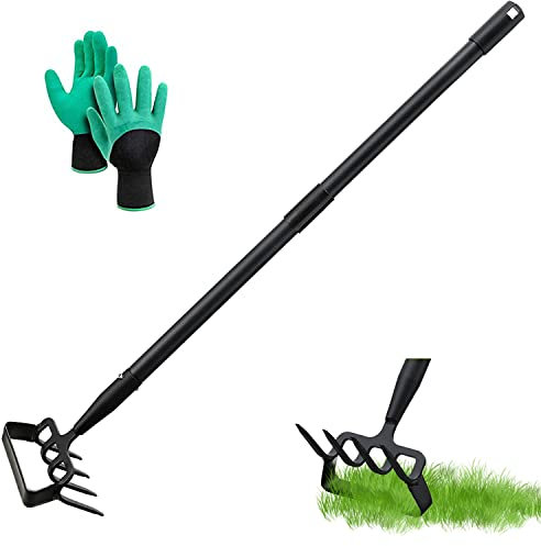 LEJIEYIN Gartenhacke 170cm Steigbügel Hacke und 4-Zahn Spike Harke 2 in 1 Edelstahl Handheld Hula Hoes Garten Werkzeug Scuffle Hacke mit einstellbarer Aktion Hacke für Unkraut / Lockerung Boden
