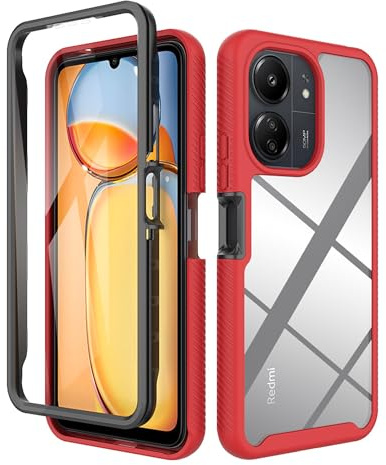 ESTH® Funda para Xiaomi Redmi 13C (4G/5G)/Poco C65 [Protección Completa Anti-caída de 360°] Carcasa Transparente de Grado Militar con Protector de Pantalla Incorporada, Rojo