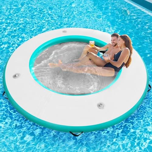 TONKOUM 8FT Inflatable Dock Round Floating Island with Mesh, Lounge Water Hammock Pool Float Ring for Lake
