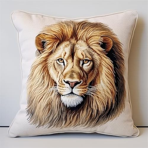 Lfynior DIY Coussin Point de Croix Lion Coussin à Point Compté 45X45cm Coussin Brodé avec Fil et Aiguille à Broder Décoration Point de Croix Complet Broderie Pré-imprimé DIY pour Adulte la Chambre