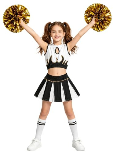 LOLANTA Mädchen Cheerleader Kostüm Schulkind Cheer Kostüm Outfit Karneval Kostüm(schwarz,164-170,Etikettengröße 170)