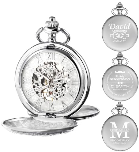 TREEWETO - Orologio da taschino da uomo, personalizzato con incisione, con catena, classico regalo di anniversario, meccanico, ideale per matrimonio, testimone, sposo, migliore uomo, Classico