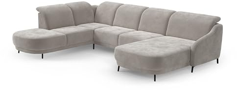 CAVADORE Wohnlandschaft Blue, Sofalandschaft mit Longchair im modernen Design, inkl. kopfteilverstellung, Vorziehsitz motorisch, Klapptisch, mattschwarzen Metallfüßen, Mikrofaser, Hellgrau