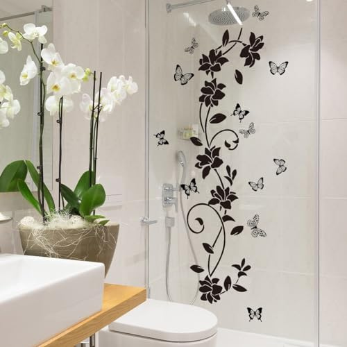 Adhesivo decorativo para puerta de baño, diseño de flores de vid, mariposas, árboles, plantas, calcomanías de pared de PVC para jardín (A)
