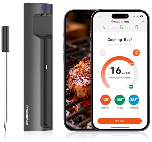 Meatmeet WiFi Wireless Meat Thermometer Digital, Bluetooth Meat Thermometer Wireless, Smart App Monitoring, IP67 Waterproof Meat Probe Thermometer for BBQ, Oven, Grill, Smoker (Pro)