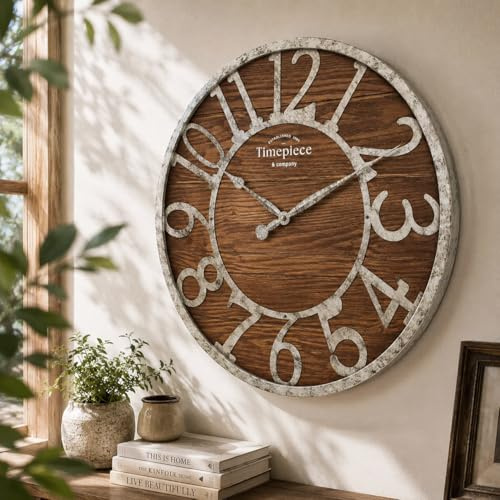 K&L Wall Art 50cm große Vintage Wanduhr industrielle Landhaus Wanduhren Holz-Metalloptik Silber ohne Tickgeräusche