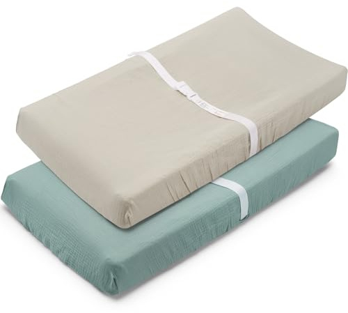 Muslin Changing Pad Cover for Baby Girls Boys-2 Pack 17x 33 Cotton Soft Breathable Diaper Changing Pad Cover-Cozy Changing Pad Sheets-Neutral Boho Baby Showers Gift-Sage Green & Beige Colors