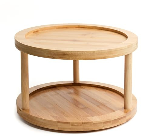 Livabl 2-Tier Wooden Lazy Susan Turntable – Bamboo Lazy Susan for Kitchen Countertop & Cupboard – Space-Saving Wood Turntable Storage & Spice Organiser