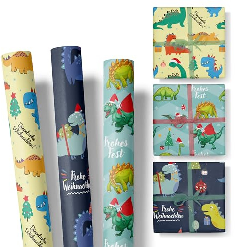 Geschenkpapier Weihnachten im Set – 3 Rollen: 3m lang, 47cm breit – edel und hochwertig – Weihnachtspapier für Erwachsene und Kinder - SET 1 - DINOSAURIER