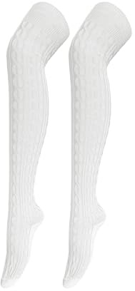 Bestjybt Women Cable Knit Thigh High Socks Cotton Warm Over the Knee Socks Knee High Boot Stockings Leg Warmers (US, Alpha, One Size, Regular, Regular, White)