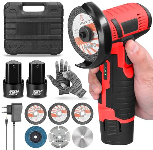Smerigliatrice a Batteria Angolare, Mini Smerigliatrice Angolare con 2 Batterie da 2000mAh, 19500rpm, con 6 Dischi da Taglio, Smerigliatrice Angolare da 76MM per Smerigliare e Lucidare