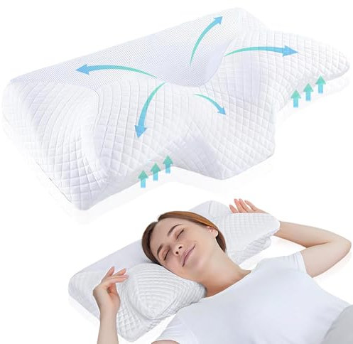 GreatDreams® Almohada Ortopedica Cervicales y Cuello - Almohada Antironquido Ergonómica con Espuma de Memoria - Butterfly Pillow para Dormir de Lado - Alivia Dolor de Cuello y Espalda.