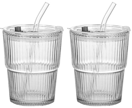 Henrrida Pack of 2 400 ml Glass Tumblers with Lids and Straws,Belt Glass Straws,Glass Coffee Travel Mug,Vertical Stripes Iced Coffee Glass,Suitable for Hot and Cold Drinks,Glass Cups