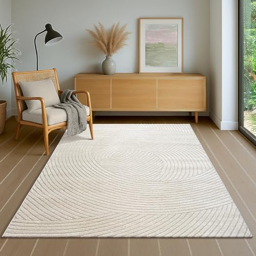 the carpet Everest – Tappeto moderno a pelo corto per soggiorno e camera, con effetto alto-basso 3D, alta densità e tatto morbido, motivo a linee, colore crema, Crema, 80 x 150 cm