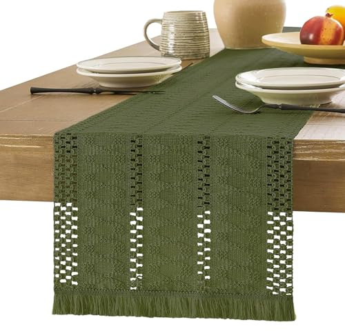 Yistoi Tischläufer Grün, Salbeigrün Boho, Tischläufer Frühling Modern, Bauernhaus Klein Tischdecke Landhausstil Läufer Baumwolle Leinen Table Runner für Hochzeit Party Deko 33x140 cm