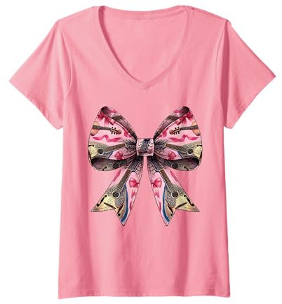Femme Instrument de mandoline avec nœud à coquette Rose T-Shirt avec Col en V