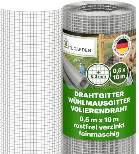 TTL GARDEN 50cm x 10m Drahtgitter feinmaschig rostfrei verzinkt 6,3mm Masche 0,55 mm Draht Stärke - auf Rolle Maschendraht Volierendraht Hasendraht Wühlmausgitter 10m x 0,5m breit 6,3 mm Maschenweite