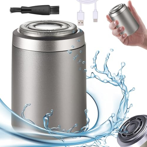 Rasierer Herren Elektrisch, 2025 Neu Mini Elektrischer Rasierer Herren, IPX7 Wasserdichter Elektrorasierer Herren 2 in 1 Kabellos Rotationsrasierer für Gesicht Nass und Trockenrasierer (Silbrig)
