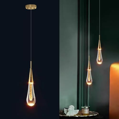 LIGKIN Lustre LED 5W Créatif Suspension Luminaire Moderne en forme de goutte d'eau, Plafonnier en Cristal Lampe Suspendue pour Salon Restaurant Escalier, Lumière Chaude