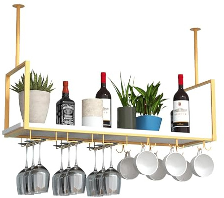 Portabicchieri da soffitto, portabottiglie in metallo sospeso con portabicchieri, portaboccali e ripiano, portabottiglie da vino, espositore per calici da appendere per bar, caffetteria, cuc