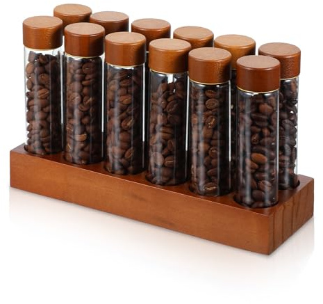 12-Pack Single Dose Coffee Bean Storage Tubes with Pine Wood Stand – Airtight Glass Vials for Fresh Coffee, Tea, and Spices (2 oz, Clear/Brown)