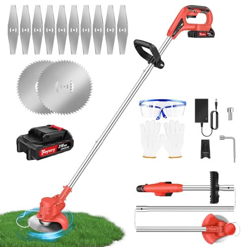 Cordless Strimmer 21V with 1.5Ah Li-ion Battery and Charger, Lightweight Electric Grass Trimmer and Lawn Edger, Metal Blade Garden Strimmer with 2 Types Blades Brush Cutters for Garden and Lawn Mowing