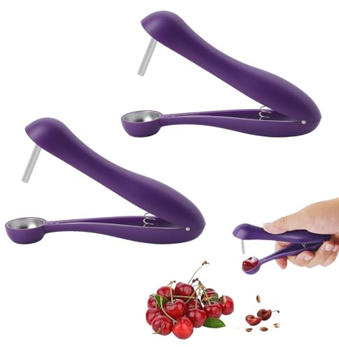 UIHRLM 2PCS Cherry Pitter, Multi-Function Cherry Stone Remover with Curved Grip Handle, Portable BPA-Free Fruits Pitter Tool for Cherries, Hawthorn, Olives, Red Dates Use (Purple)