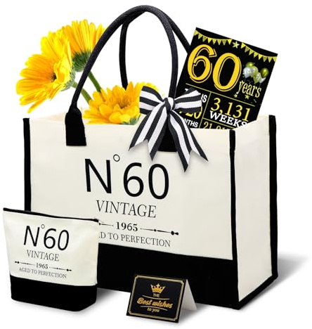 Spetsbst 60. Geburtstag Geschenk Jutetasche Geburtstagsgeschenke für Frauen Vintage 1965 Jute Tote Bag mit Kosmetiktasche & Grußkarte Frau Leinwand Tote Tasche Reiseausrüstung