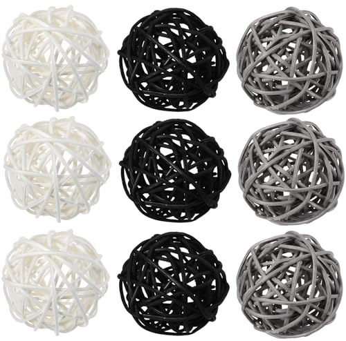 BOSREROY 9 Pcs Rattan Balls in 3 Colors (Black, White, Gray), Handcrafted Yarn Decorative Orbs for Weddings, Home and Event Decor
