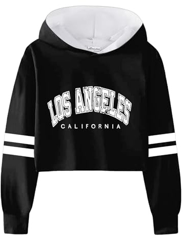 Sweater Dress pour Filles Enfants Casual Lâche Actif Manches Pleines Sweat à Capuche Sweatshirts avec Court Pull Lettre Imprimé Rayé Adolescent Crop Tops Handball Pulls Filles, Noir , 10-12 ans