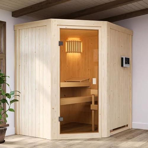 Karibu Sauna d'Angle Traditionnel Faurin | 2-3 Places, Bois Massif 68mm, Poêle 9kW Inclus | Porte Vitrée, Ventilation, Kit Montage Facile | Dimensions 170x151x198cm