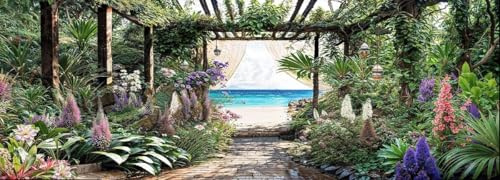 Caribbean Sea View Garden Mural, Tapestry & Curtain – Waterproof Outdoor Wall Hanging, Tropical Pergola Garden Wall Art & Coastal Fence Decor W500cm x H180cm, W196.85 inches x H70.87 Inches