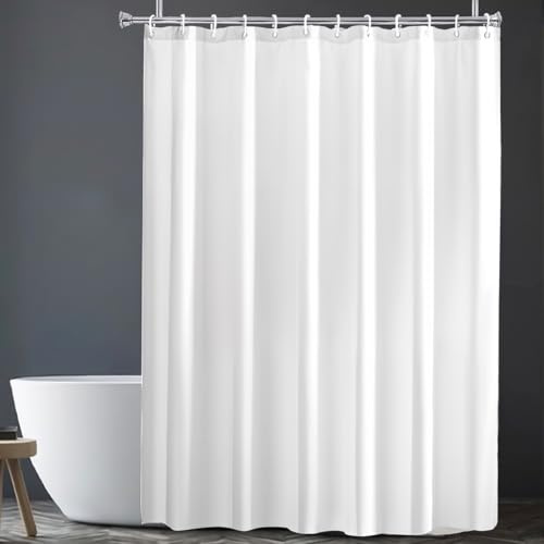 HOMTRYLIC White Shower Curtain W180 x L200cm Plain Fabric Shower Curtain for Bathroom Water Repellent Long Bath Shower Curtain Set with 12 Hooks, Machine Washable for Bathroom Hotel Bathtub