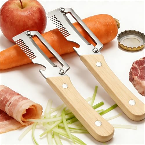 2026 New Zero Snag Wooden Peeler, 4 in 1 Multifunctional Vegetable Peeler with Wooden Handle, Ultimate Kitchen Tool for Fruit,Vegetables,Meat Slicing,Green Onion Shredding & Bottle Cap Opener (2PCS)