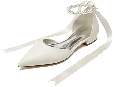 Yhsdfcn Balletcore Ballerinaskor i Matt Läder med Spetsig Tå, Bröllopsskor med Pärlband och Satinband för Knytning av Rosett,Beige,39 EU