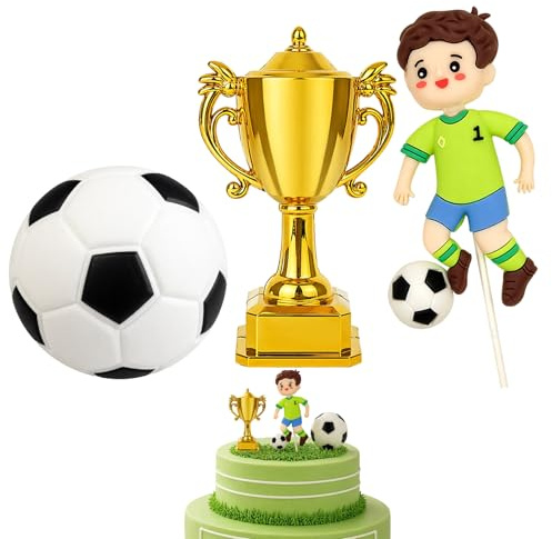 3PCS Football Cake Topper Set, Mini Football Trophy Decorations Set, Gold Trophy Cake Topper, Football Boy With A Sign, Football Cake Decorations for Boys, World Cup Themed Cake Supplies