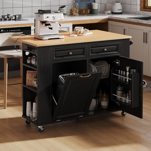 Isola da cucina con ruote e tavolo da pranzo estensibile – Isola da cucina mobile con presa elettrica, cestino per la spazzatura e porta asciugamani, carrello da servizio con spazio di archiviazione
