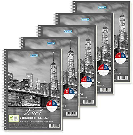 Stylex 40032-P5 - Collegeblock Duo mit Spiralbindung, DIN A4, 50 Blatt kariert und 30 Blatt liniert, 5 Stück