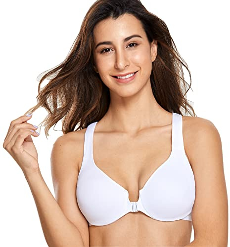 DELIMIRA Kvinnors Ofodrade Bygel Heltäckande Behåar Plus Size Front Stängning Racerback Bh Vit 90D