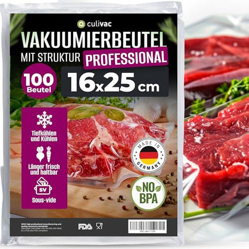 culivac Vakuumierbeutel 100 Vakuumbeutel 16x25cm Premium, Folienbeutel für jedes Folienschweißgerät Vakuumiergerät Vakuumierer, Vakuumierfolie Professional sous vide, Made in Germany, BPA-frei