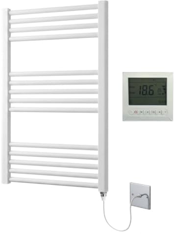 Greened House White Electric Towel Rail Straight 500mm W x 800mm H + Timer | Includes 7 Day Timer/Thermostat, Heated, Bathroom Radiator, Towel Warmer, Flat, Straight