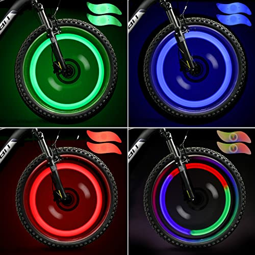 TAGVO LED Roue Lumières (Rouge + Vert + Bleu + Multicolore) Lot de 4, Rayons de Roue Vélo pour VTT VTC Bicyclette Adultes et Enfants, Lampe à LED Étanche à néon à pneus avec 3 Modes Clignotants