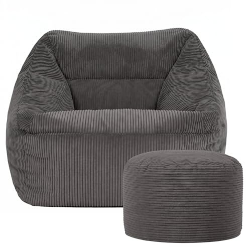 Icon Natalia Sitzsack Sessel und Hocker mit Füllung, Grau | In Deutschland Hergestellt, Sitzsack Erwachsene, Flauschiger Cord Stoff, Riesen Sitzsack Cord für Wohnzimmer und Schlafzimmer