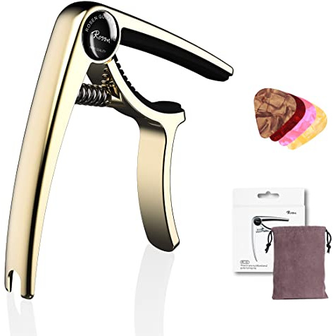 Rosen Gold Guitar Capo 3in1 Metal Capo Picks Set for Acoustic Guitar Electric Guitars Ukulele Mandolin Banjo