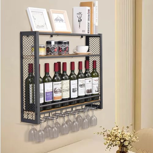7RiversART 3-Tier New & Improved Wall Mounted Wine Rack Anti-Rust Durable Space Saving Multifunctional Storage with Glass Holder Wood Shelf
