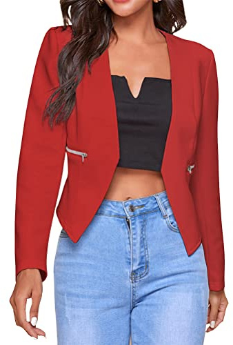 Onsoyours Blazer Einfarbig Damen Mode Langarm Dünn Cropped Jacke Slim Büro Mantel Sakkos Business Kurzer Anzug Mit Reißverschluss Und Taschen Outwear Rot M
