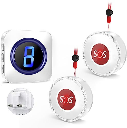 Wireless Caregiver Pager, Buzzer Call Bell, Elderly Panic Alarm Call Button at 1,000ft Long Range with 2 SOS Call Buttons Personal Alarms, 55 Melodies, 5 Volume Levels and LED Flash, White